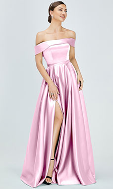 Duchesse-Linie Carmen-Ausschnitt Bodenlang Satin Ballkleid mit Schlitz Vorn