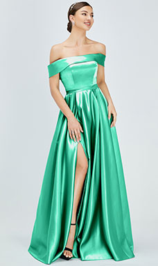 Duchesse-Linie Carmen-Ausschnitt Bodenlang Satin Ballkleid mit Schlitz Vorn