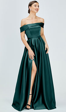 Duchesse-Linie Carmen-Ausschnitt Bodenlang Satin Ballkleid mit Schlitz Vorn