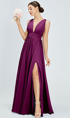 A-line V-neck Floor-length Chiffon Prom Dress with Split Front