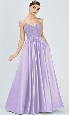 A-line V-neck Floor-length Satin Prom Dress with Lace