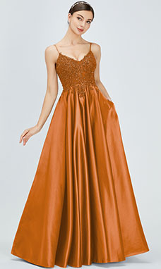 A-line V-neck Floor-length Satin Prom Dress with Lace