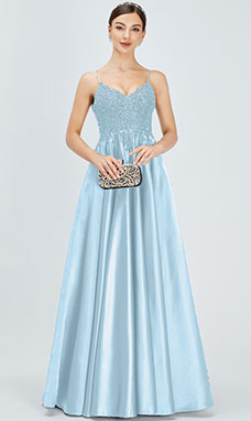 A-line V-neck Floor-length Satin Bridesmaid Dress with Lace