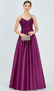 A-line V-neck Floor-length Satin Bridesmaid Dress with Lace