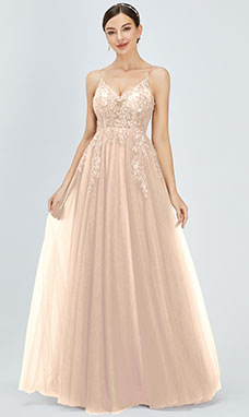 Ball Gown V-neck Floor-length Tulle Prom Dress with Split Front