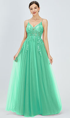 Ball Gown V-neck Floor-length Tulle Prom Dress with Split Front