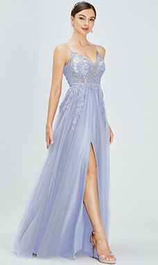 Ball Gown V-neck Floor-length Tulle Evening Dress with Split Front