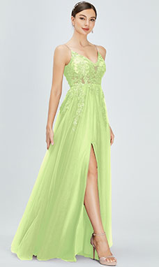 Ball Gown V-neck Floor-length Tulle Evening Dress with Split Front