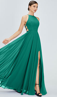 A-line Scoop Floor-length Chiffon Prom Dress with Split Front
