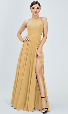 A-line Scoop Floor-length Chiffon Bridesmaid Dress with Split Front